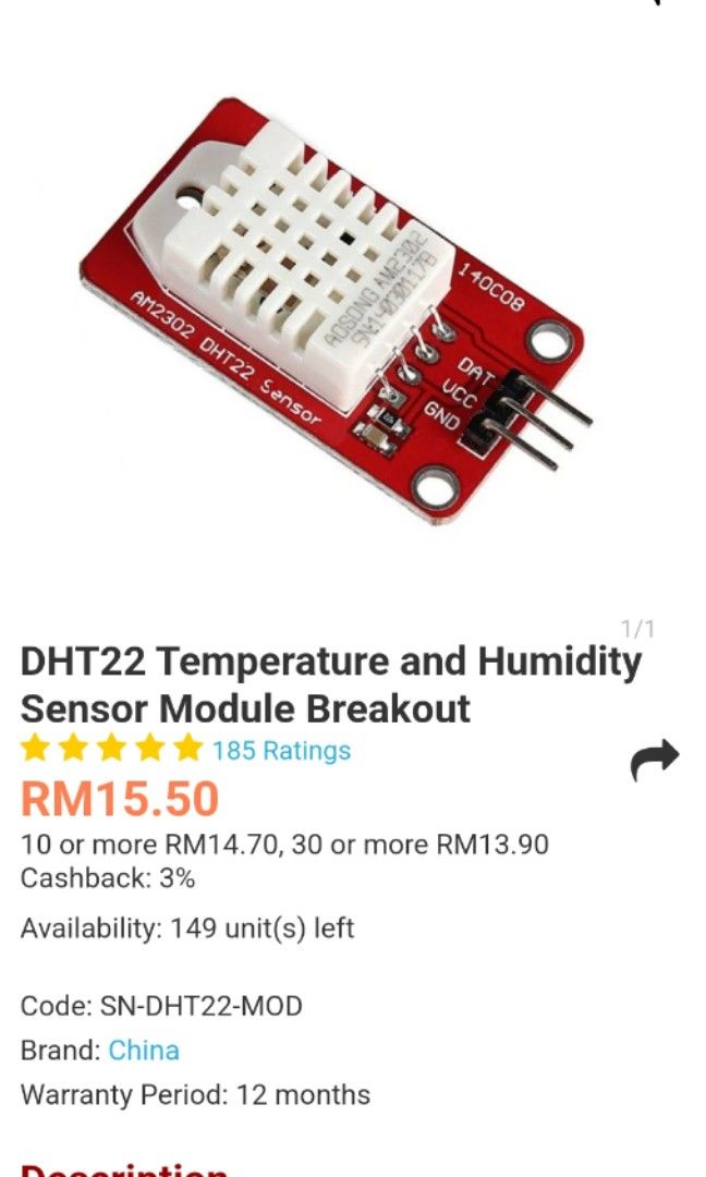 DHT22 Temperature and Humidity Sensor Module Breakout, Computers & Tech ...