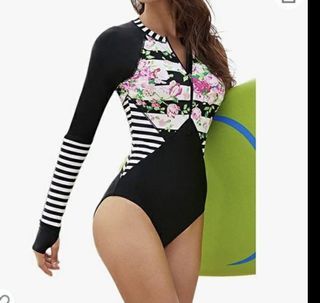 Floral Black White Striped Long Sleeve Swimsuit