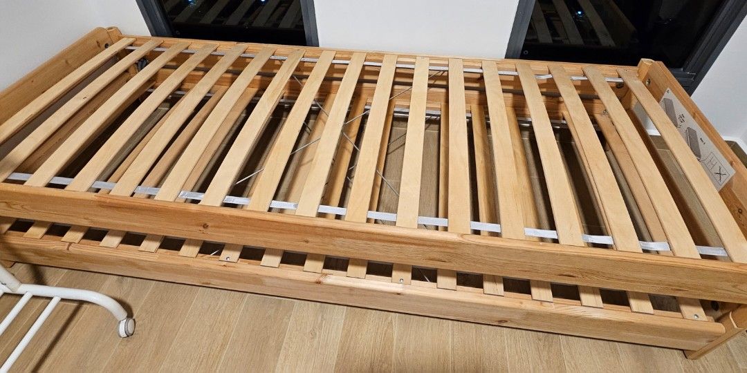 IKEA UTAKER stackable single bed frames (Category: Bed Frames & Mattresses) located in Singapore. Submitted by rwrshop (Listing ID 1292709010, Image 3). Description: - Selling both bedframes to clear space - needs slight clean up - Without mattress - Kindly arrange self-pick up https://www.ikea.com/sg/en/p/utaker-stackable-bed-pine-70360485/ -once sold, no return/refund.