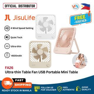 JISULIFE FA26A（2000mAh）Ultra-thin Table Fan y USB Portable Mini Table Fan Small Desktop Electric Fan ( Available in White, Brown & Pink ) - VMI Direct