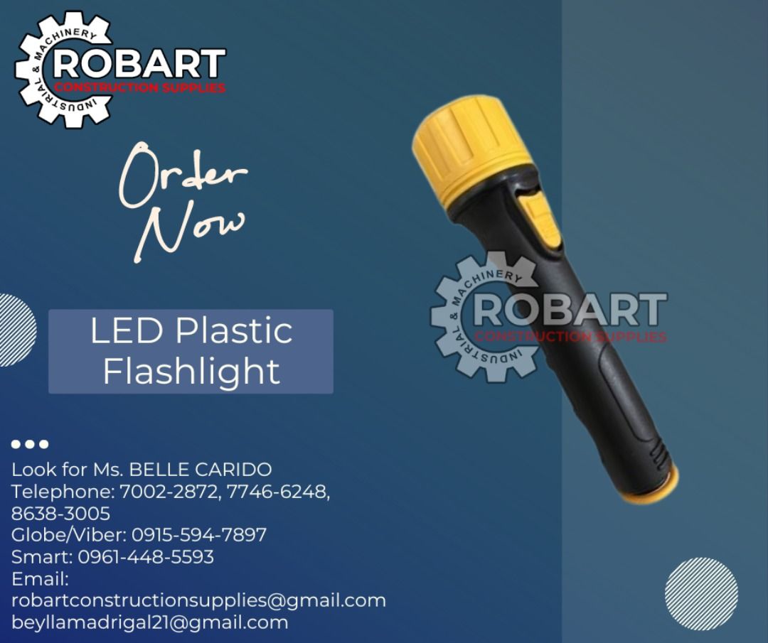 LED Plastic Flashlight (Category: Construction Tools & Equipment) located in Manila. Submitted by bellarobart (Listing ID 1292679888, Image 1). Description: 7 LED PLASTIC FLASHLIGHT 2 PCS. D BATTERY (BATTERY NOT INCLUDED) Price: 180 7 LED PLASTIC FLASHLIGHT 3 PCS. D BATTERY (BATTERY NOT INCLUDED) Price: 195 𝑹𝑶𝑩𝑨𝑹𝑻 𝑪𝑶𝑵𝑺𝑻𝑹𝑼𝑪𝑻𝑰𝑶𝑵 𝑺𝑼𝑷𝑷𝑳𝑰𝑬𝑺 #RobartConstructionSupplies #robartph #constructionmaterials #industrialsupply Office 