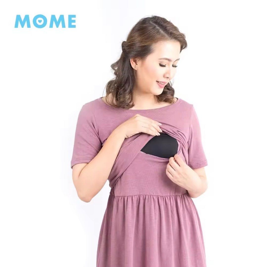 MOMEWEAR mauve breastfeeding top (Category: Maternity wear) located in Pasig City. Submitted by sagefields (Listing ID 1292648622, Image 2). Description: Size M but they run big! Please refer to their size chart in the last photo Can be worn for maternity/pregnancy and breastfeeding Has minimal oil stain but can be washed off.