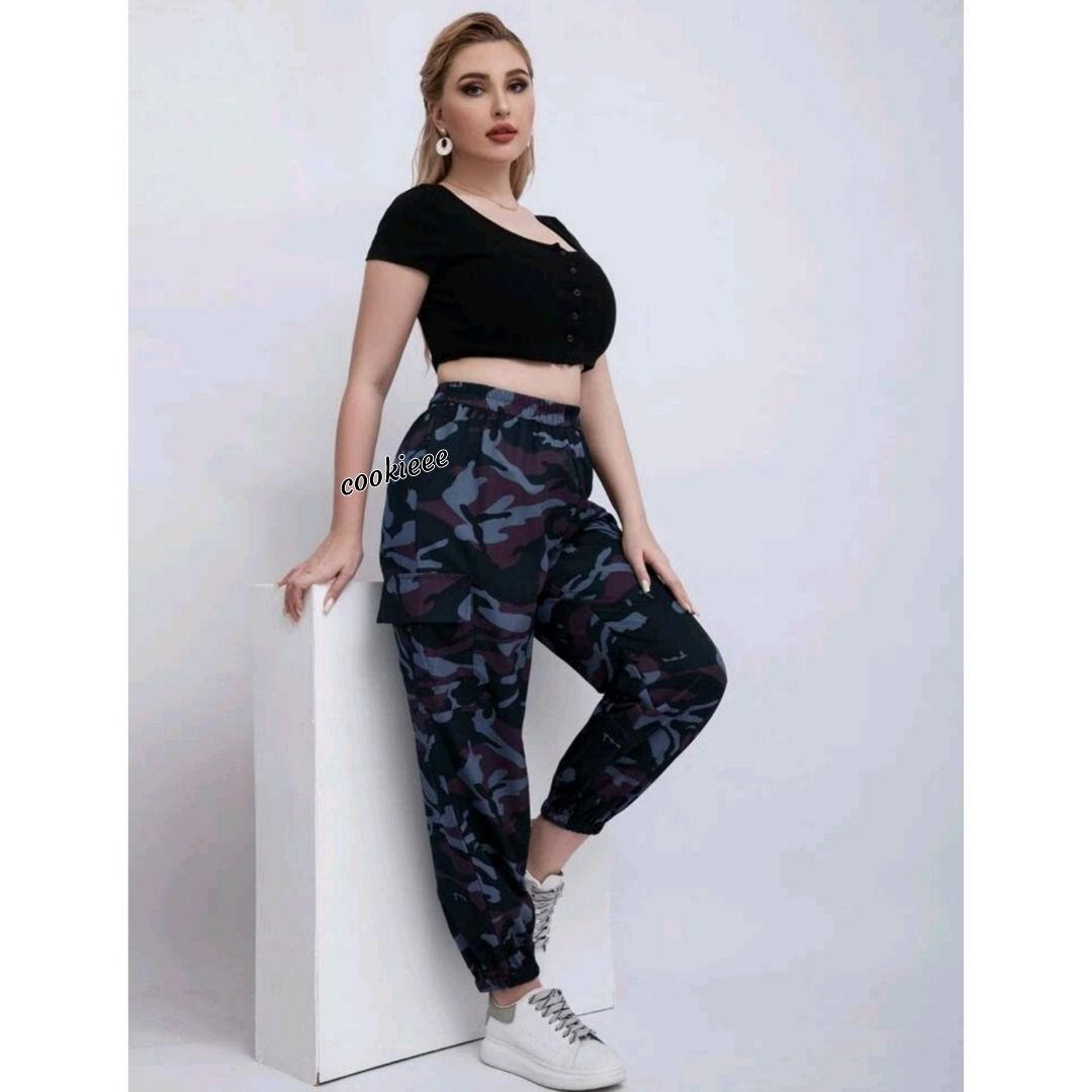 Plus Size 2XL BLACK PURPLE Camo Army High Waisted Stretchable Waistband Pockets Dri Fit Alike Jogger Long Pants