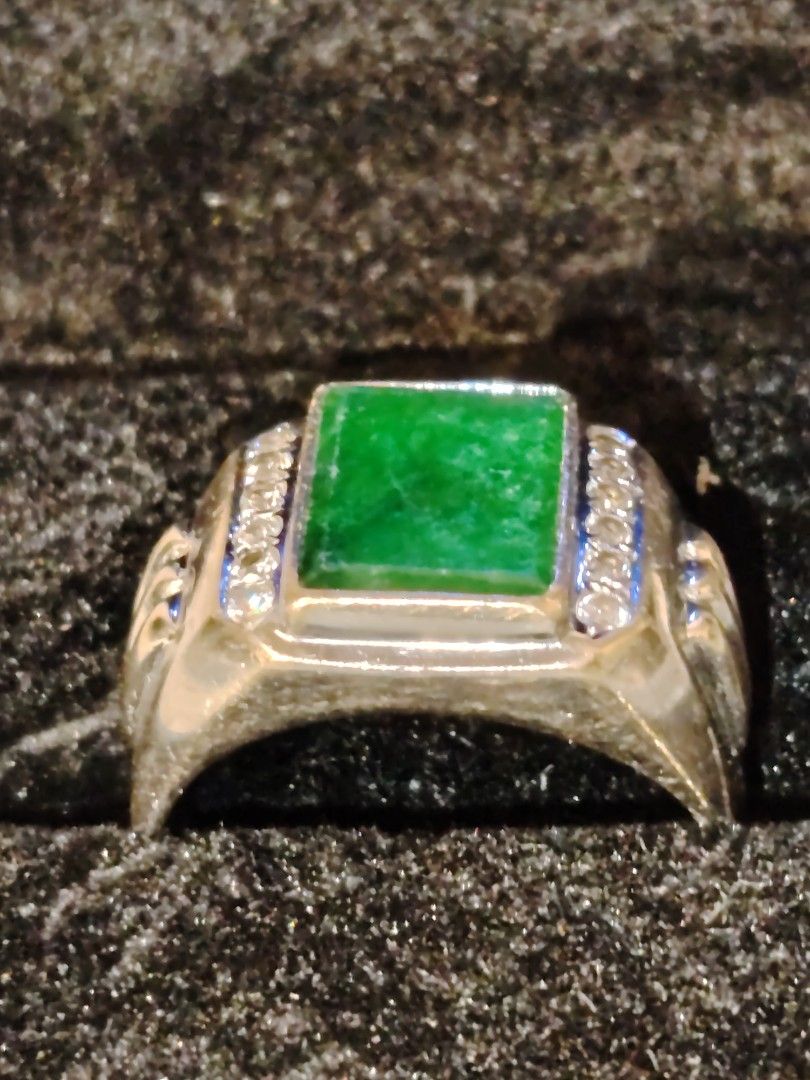 Rectangular Jade Ring (Category: Jewelry) located in Singapore. Submitted by hisjewellery (Listing ID 1292770996, Image 2). Description: Smart and attractive men's Rectangular Grade A Jade Ring in 18K(750) W/G. Size 21. With 12 natural diamonds, TCW 0.24 Ct..