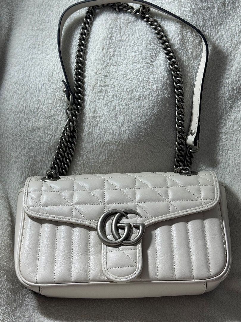 SALE PRETTY GUCCI MARMONT ARIA GG MATELASSE SILVER CHAIN 2 IN 1 SLING BAG