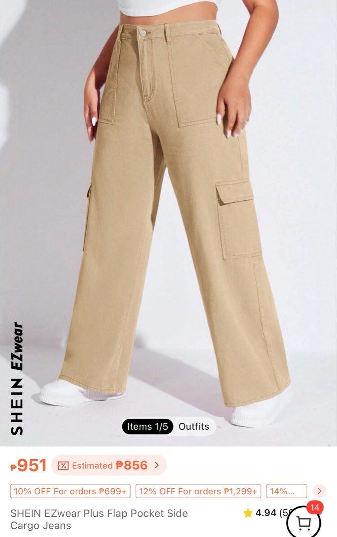 SHEIN Plus Size Cargo Jeans (Category: Other Bottoms) located in Makati City. Submitted by nikkiarchives (Listing ID 1292759105, Image 3). Description: SHEIN EZWear Plus Flap Pocket Side Cargo Jeans (Khaki) 3XL on tag Length: 44.5 inch Inseam:29.1 inch Waist Size: 43.3 inch Hip Size:55.1 inch Thigh:33.3 inch Wore once for fitting only :) RFS: Too big for me Actual photo last pic .