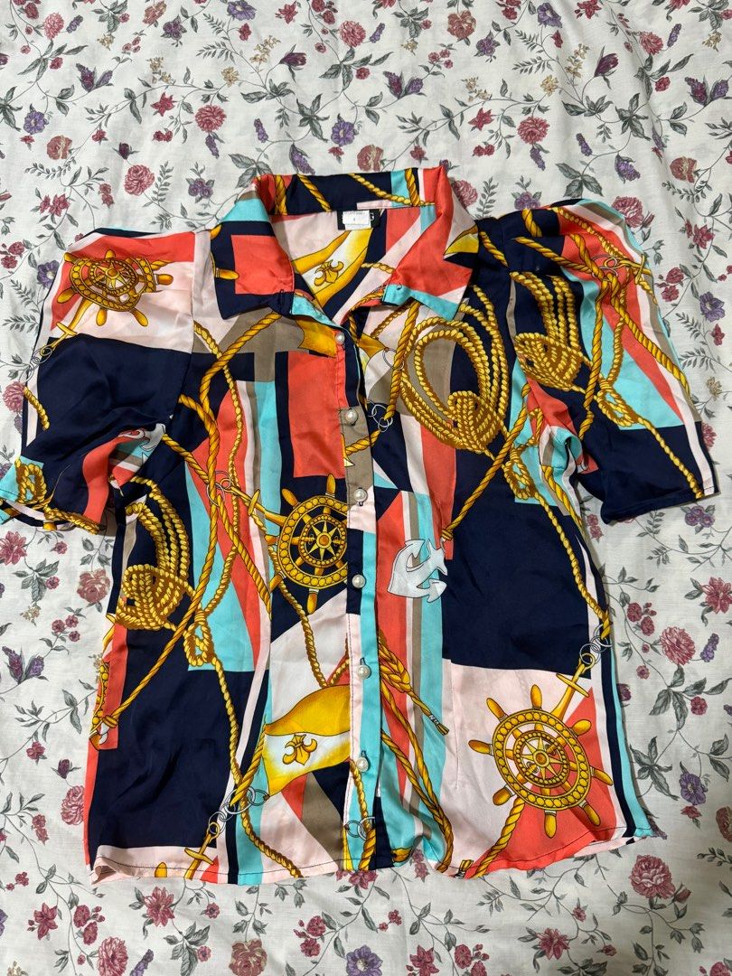 Versace like top (Category: Blouses) located in Quezon City. Submitted by chic_zip_shop (Listing ID 1292781112, Image 2). Description: 🎀 Preloved items on sale 🎀 No brand 🎀Size: XS- Small 🎀 RFS: Decluttering (not slim anymore!😅) ‼️ Last price! .