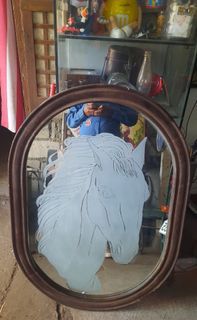 Vintage sandblasted  horse mirror with  oval wood frame  3ft4.5 x 29.5inches