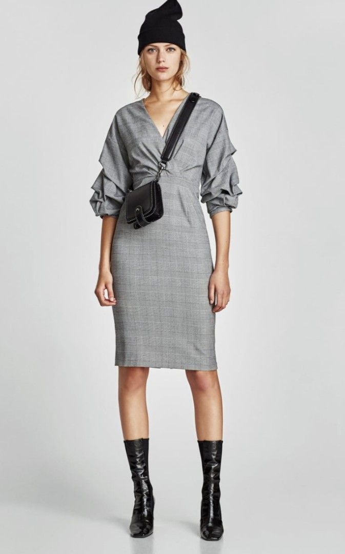 zara grey midi dress Zara PLEATED MIDI DRESS 7385/349-dark gray-size XS-WT
