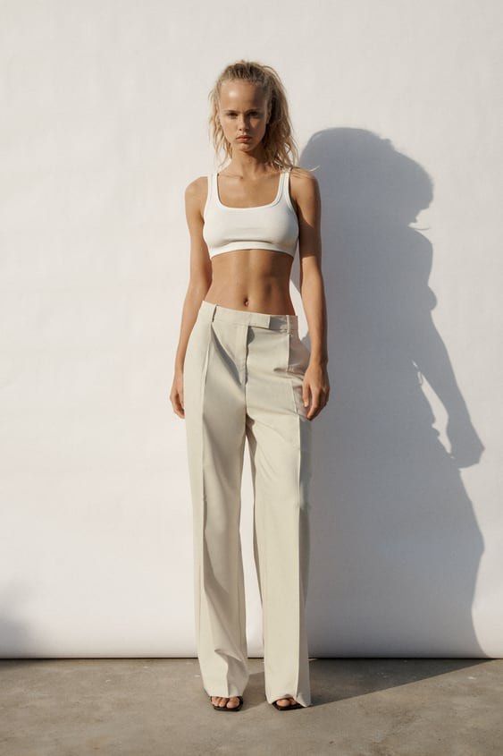 ZARA WIDE LEG PANTS WITH DARTS OYSTER WHITE SIZE L, 7385/412/251