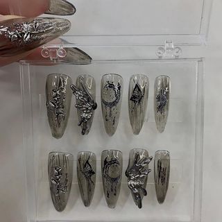［10pcs］Long Water Drops Angel Wings Handmade Wearable Nail Finished Manicure fake nails