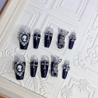 ［10pcs］Medium Length Black Baroque Handmade Wearable Nail Finished Manicure Fake Nails