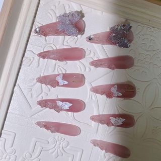 ［10pcs］Pointed drop-shaped fairy butterfly nude pink handmade wear nails finished nails fake nails