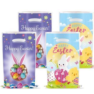 🆕️ 10pcs Happy Easter Printed Plastic Candy Souvenir Loot Bag with Handle for Egg Hunt Gift Favors 🍬🥚🐇