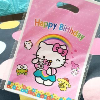 🆕️ 10pcs Pink Hello Kitty Happy Birthday Loot Bag with Handle for Candy Souvenir Gift or Party Favors 🍬🎁😻