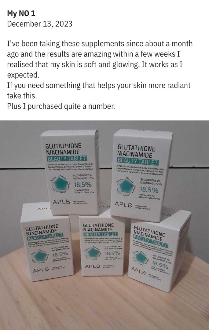 APLB Glutathione Niacinamide Beauty Tablet （分類：健康補充品 - 維他命及補充品）位於 Hong Kong。 由 fazion 提交（商品編號 1292948823，圖片 3）。簡介： Imported from: South Korea Catalog No.: 1124177058 Description: Package Quantity: 30 tablets and each tablet is 500mg. Calories of 1 tablet is 1.9Kcal. Benefits: Contains ingredients that provide antioxidant effect to elimate free radicals in our body. Formulated with Glutathione that helps decrease the melanin in our body. Aids abso