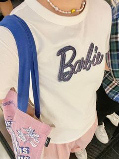 Preloved Barbie Cotton On White Top / Shirt (with denim logo design)
