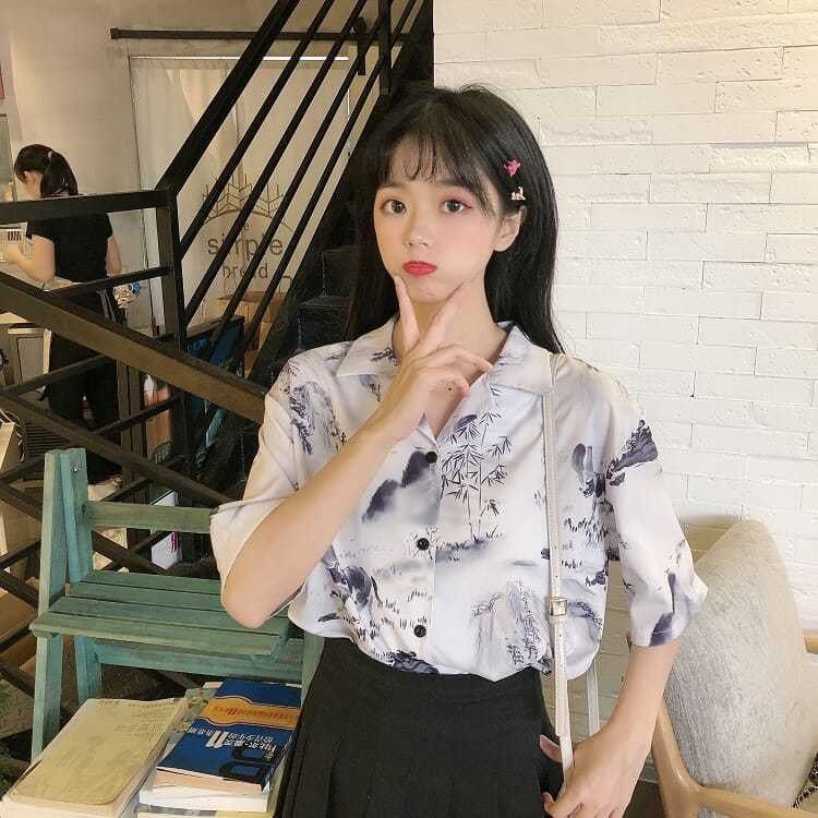 BRAND NEW IN STOCK Korean Designed and Made Fruit and Plant Printed Shirt Women Summer Korean Design Versatile Water ink Painting Short sleeved Shirt Fashion Polo Collar Floral Half Sleeve Blouse Wome...