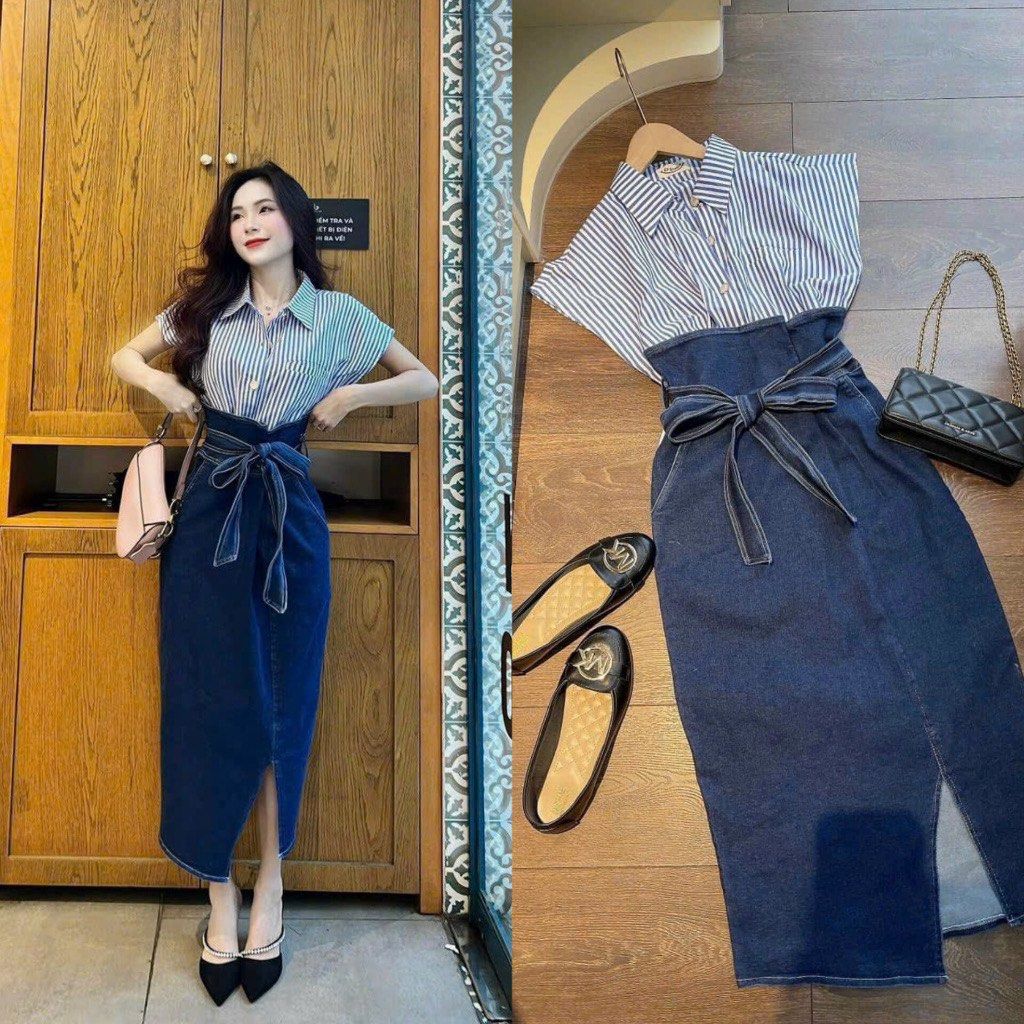 BRAND NEW IN STOCK) Set Fashionable Women'S Dress With Plaid Silk Shirt  Small Sleeve Mix Jean Skirt Long Skirt With Bow Tie And Split Waist  Stylish, Women's Fashion, Dresses & Sets, Sets