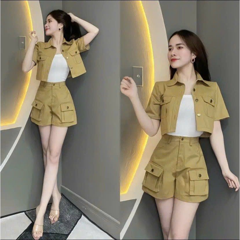 BRAND NEW IN STOCK) Korean Designed and Made Set Of 3 Pieces Of 2-Pocket  Shorts With Short-Sleeved KaKi Jacket Can Mix Many Pretty Styles For Her To  Go Out, Women\'s Fashion, Dresses