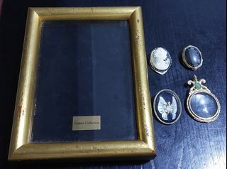 Cameo Collection frame, 2 clip and pendant, 1 dress clip & vintage Magnifying glass pendant