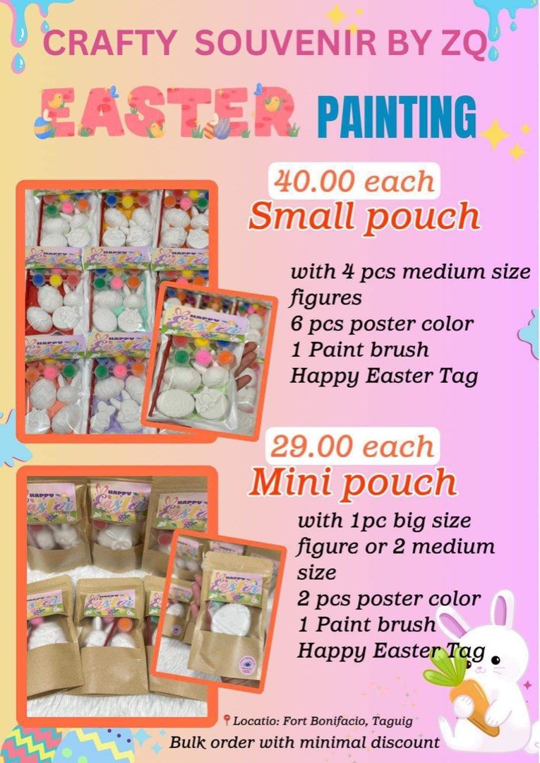 Easter Fun Giveaway (Category: Announcements) located in Manila. Submitted by littlefashonista (Listing ID 1292818333, Image 1). Description: Price starts @ 29.00 EASTER / BIRTHDAY PROMO‼️ Eggcited na po ba ang lahat!!!😍 🐣 Early reservation will Get a FREEBIES from us🥰 Reserve your EASTER giveaway until March 15,2024 Let’s Play and Paint! We customized for lootbag filler Birthday/ Easter/ Halloween/ Christmas at iba pang occasion Advance order