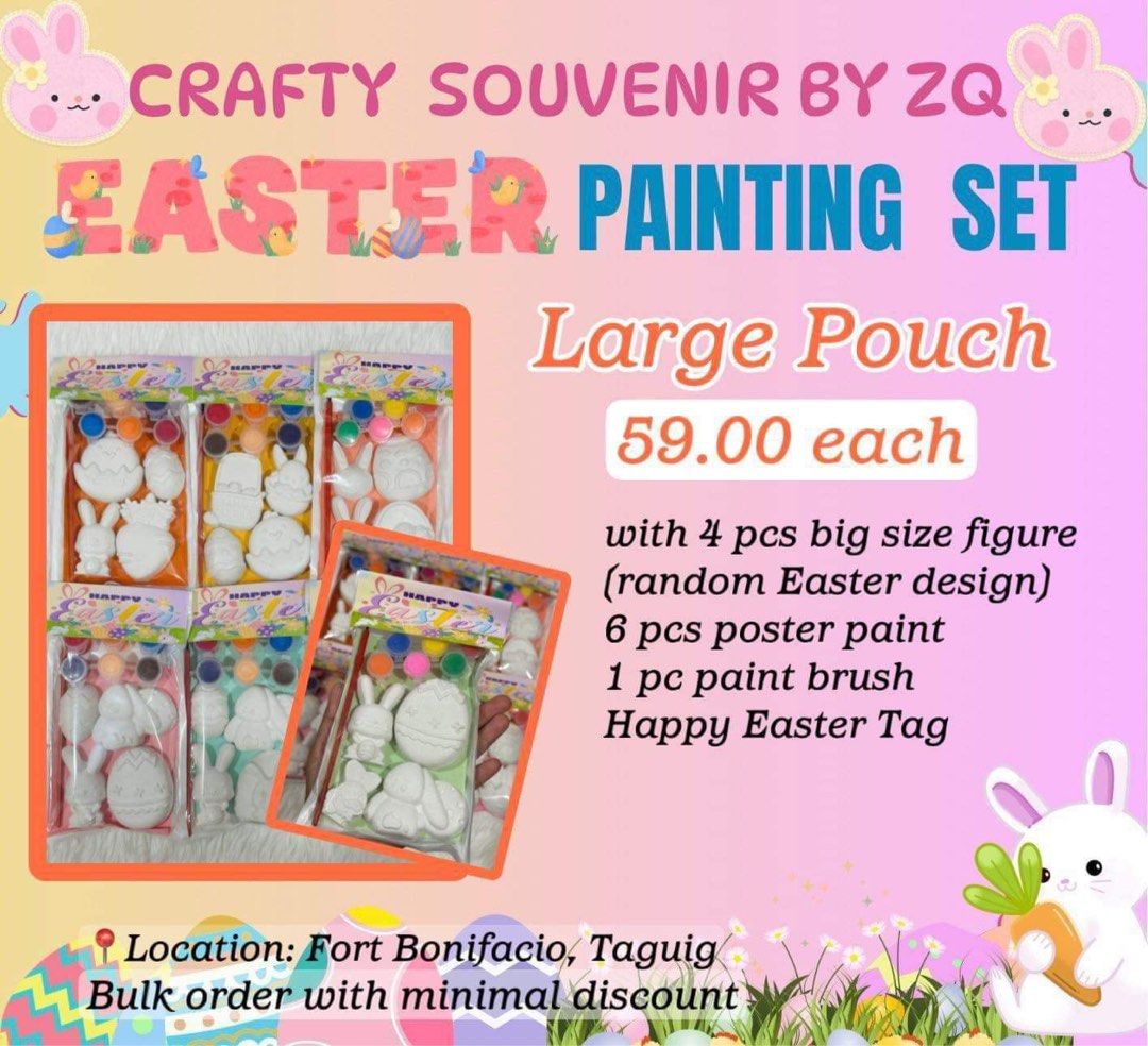 Easter Fun Giveaway (Category: Announcements) located in Manila. Submitted by littlefashonista (Listing ID 1292818333, Image 3). Description: Price starts @ 29.00 EASTER / BIRTHDAY PROMO‼️ Eggcited na po ba ang lahat!!!😍 🐣 Early reservation will Get a FREEBIES from us🥰 Reserve your EASTER giveaway until March 15,2024 Let’s Play and Paint! We customized for lootbag filler Birthday/ Easter/ Halloween/ Christmas at iba pang occasion Advance order