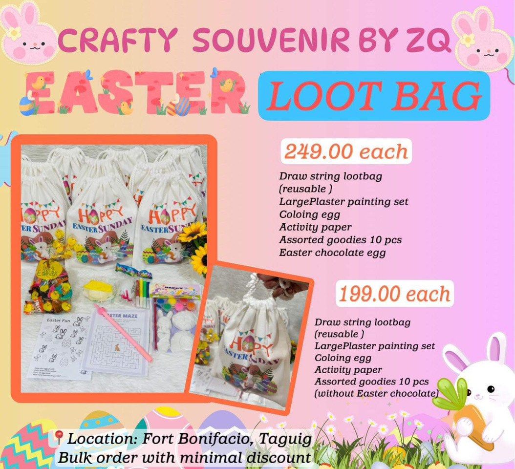 Easter Fun Giveaway (Category: Announcements) located in Manila. Submitted by littlefashonista (Listing ID 1292818333, Image 2). Description: Price starts @ 29.00 EASTER / BIRTHDAY PROMO‼️ Eggcited na po ba ang lahat!!!😍 🐣 Early reservation will Get a FREEBIES from us🥰 Reserve your EASTER giveaway until March 15,2024 Let’s Play and Paint! We customized for lootbag filler Birthday/ Easter/ Halloween/ Christmas at iba pang occasion Advance order