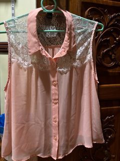 F21 Peach Sheer/Lace Blouse