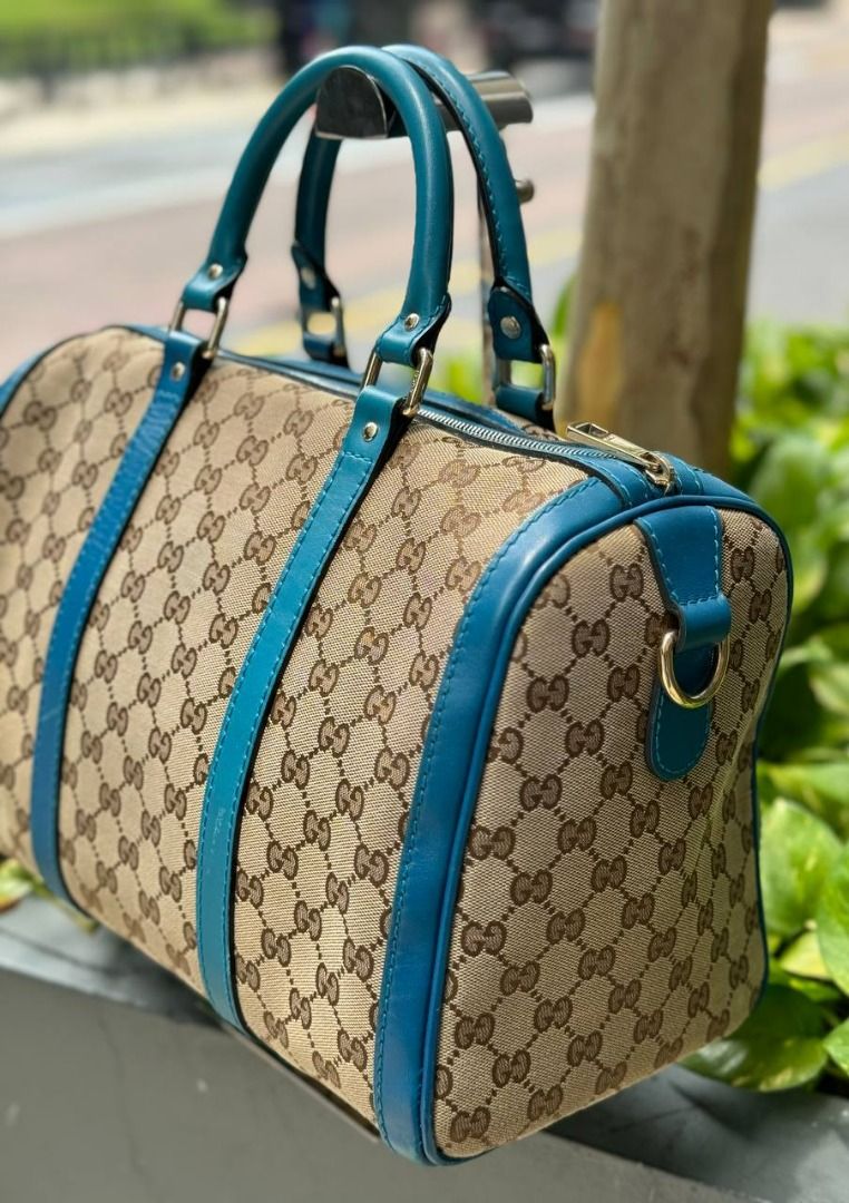 GUCCI JOY BOSTON BAG WITH STRAP IN BEIGE BLUE GG CANVAS AND CALFSKIN LEATHER