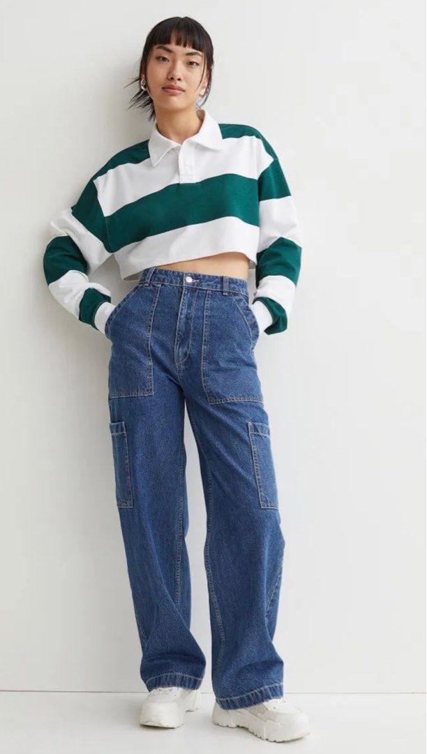 H and M 90s Baggy High Waist Cargo Jeans, Women's Fashion, Bottoms