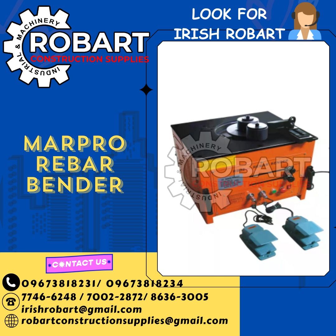 MARPRO REBAR BENDER (Category: Construction Tools & Equipment) located in Manila. Submitted by irishrobart_22 (Listing ID 1292846008, Image 1). Description: MARPRO REBAR BENDER 32MM 1 PHASE MODEL: MPRB-32 VOLTAGE: 220V 60HZ WATTAGE: 3000W BEND ANGLE: 0-180 BEND DIAM: 6-32MM WEIGHT: 175KG SEND US MESSAGE FOR INQUIRIES ‼️‼️ LOOK FOR IRISH ROBART VBR : 0 9 6 7 3 8 1 8 2 3 1/ 0 9 6 7 3 8 1 8 2 3 4 LANDLINE 8-6 3 6 3 0 0 5 / 7 7 4 6 -6 2 4 / 7 0 0 2-2