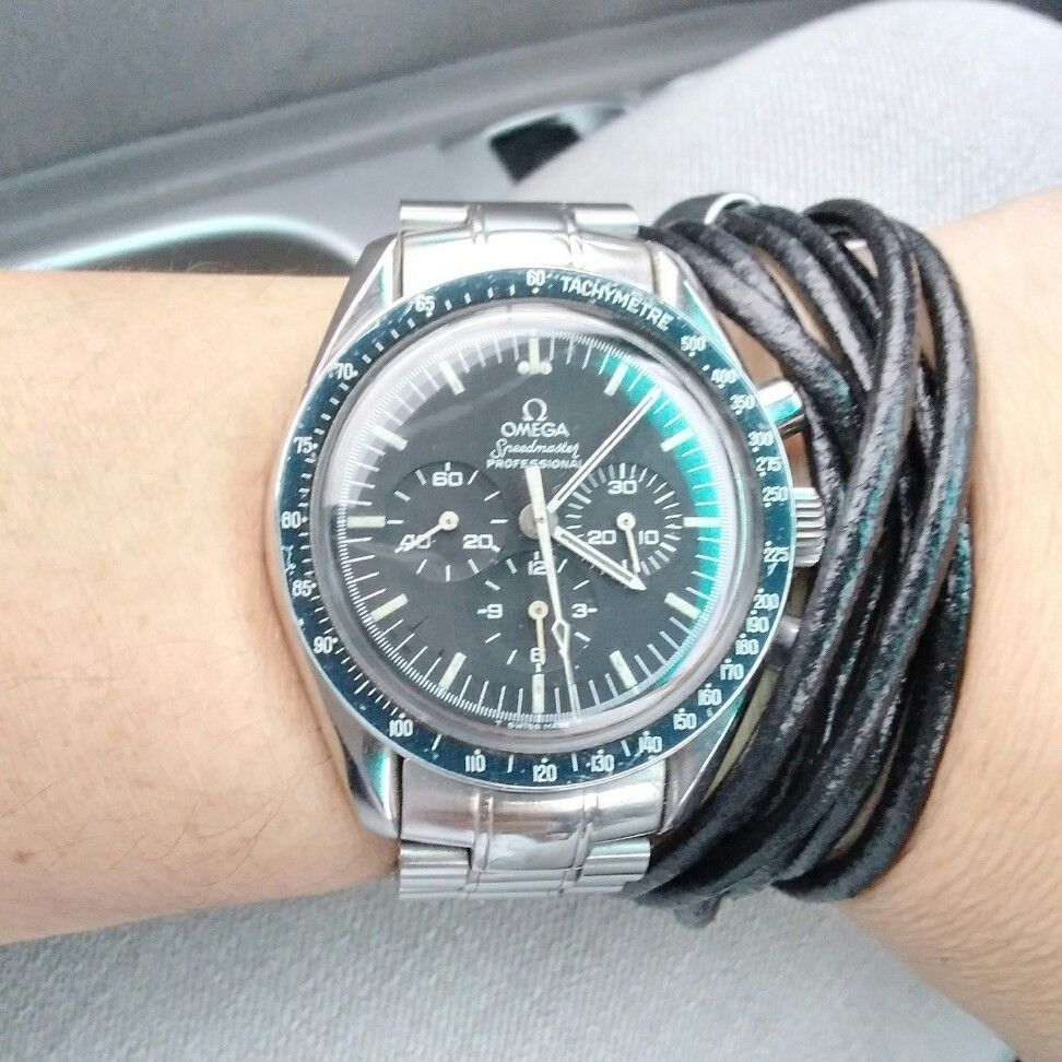 Omega Speedmaster Moonwatch (Category: Luxury Watches) located in Pasay City. Submitted by jack.cortez (Listing ID 1292883896, Image 3). Description: Updated price, Omega Speedmaster Professional (Long R) "Moonwatch" . - Dial: Long R, Matt Black Tritium - Caliber: 1861 manual winding chronograph - Crystal: Hesalite (acrylic) - Functions: Hours, minutes, small seconds, chronograph with tachymeter scale - Dial: Black with white hands and indices, t