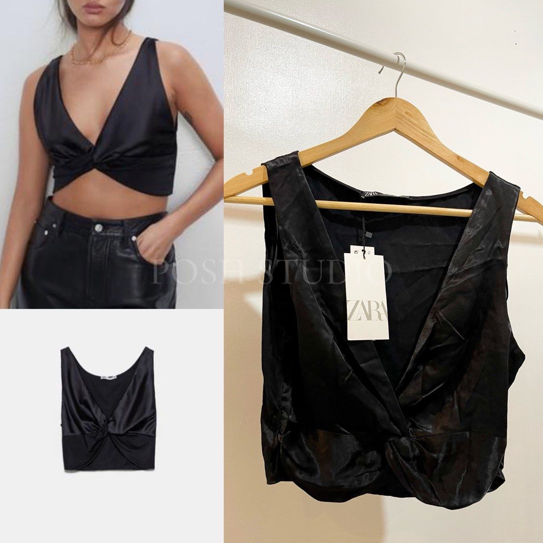 Zara Satin Crop Top - Black, Women's Fashion, Tops, Others Tops on Carousell