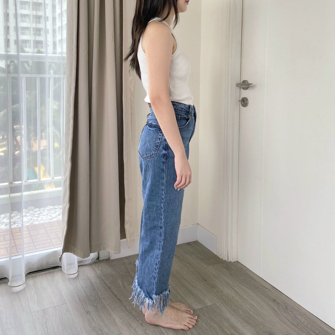 PULL BEAR Straight Fit Ankle Culotte Jeans Celana Kulot Denim Rumbai Dark Blue