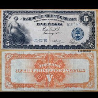 RARE YEAR KEY DATE 5 pesos 1928 Bank of the Philippine Islands BPI Old Rare Money Collectible Very Fine