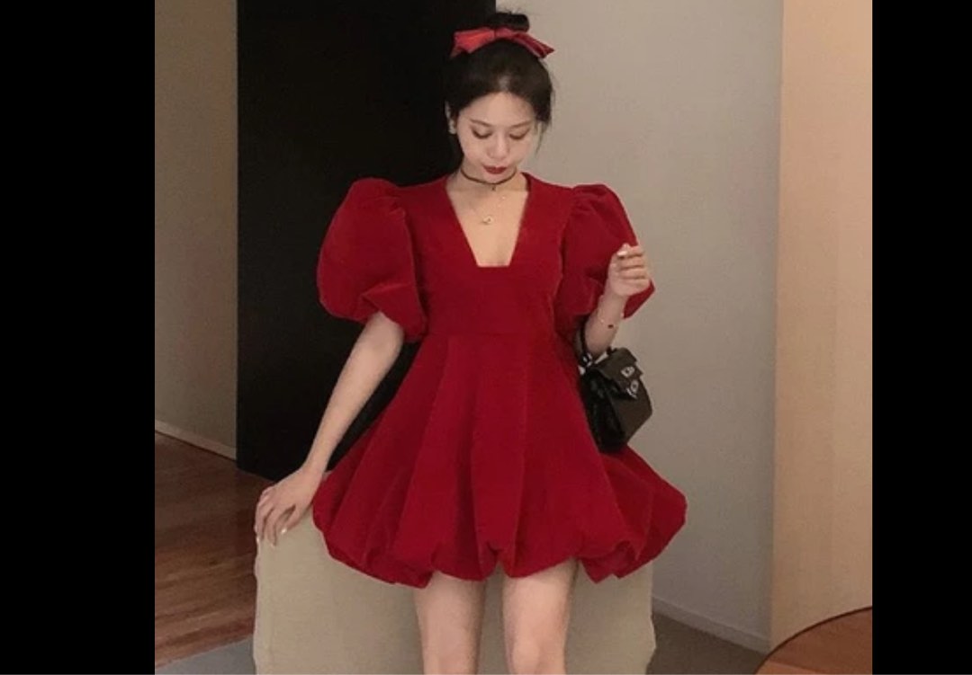 BALLOON CHIC - Velvet Bib Dress - Red main image 0