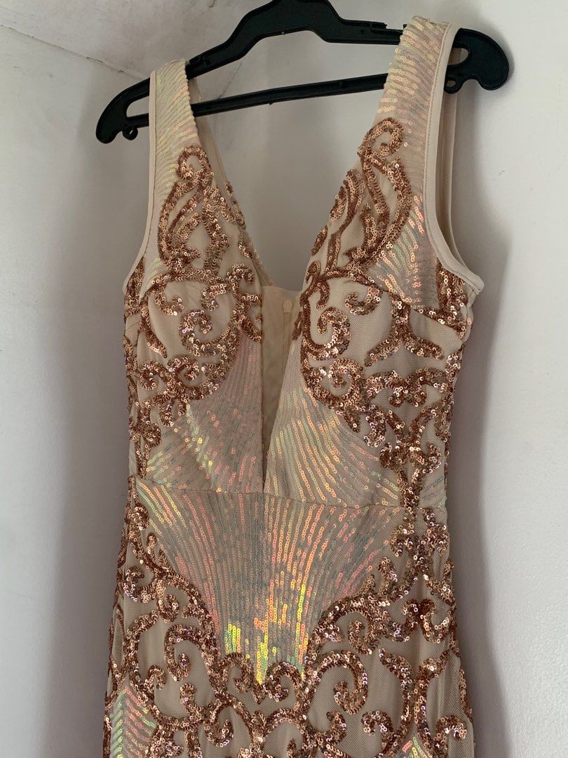 slim fit dress slacks Windsor Rose Gold Sequin Maxi Dress with Side Slit Detail and Open Bac –  The Thrifty Hippy main image 0