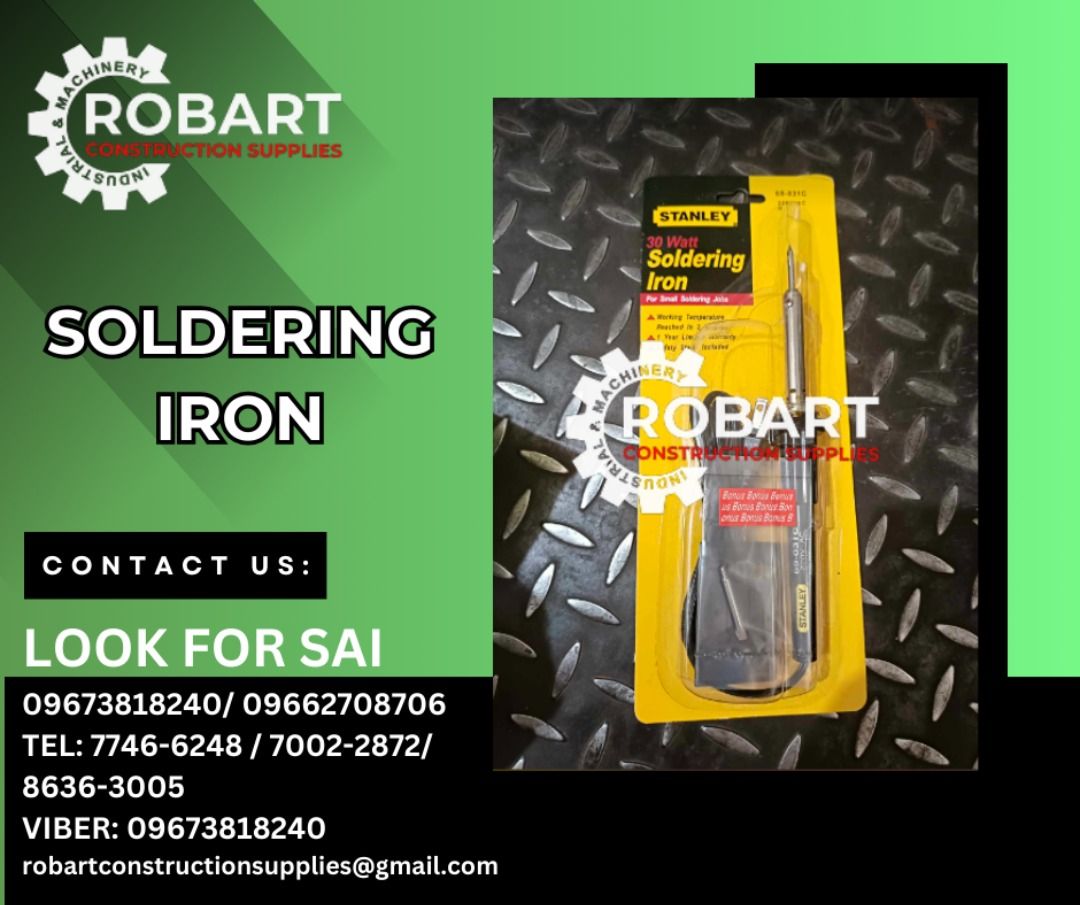 Soldering Iron (Category: Construction Tools & Equipment) located in Manila. Submitted by sairobart375609 (Listing ID 1292830017, Image 1). Description: Soldering Iron 30W Brand: Stanley ROBART CONSTRUCTION SUPPLIES For inquiries: For FAST TRANSACTION: Sai Robart - 09673818240 / 09662708706 Vbr: Robart Sai - 09673818240 sairobart3@gmail. com Office Address: 1405 Yuseco St. Sta. Cruz Manila 7746-6248 , 7216-7605 ,7002-2872, 8-6363005 09351427044 0