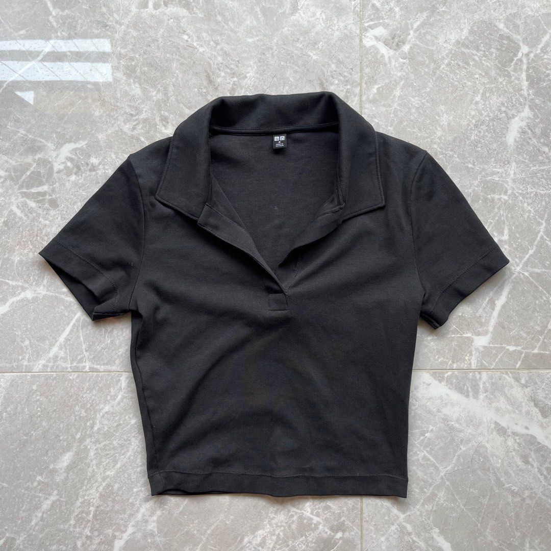 Black V Neck Polo Collar Crop Tee Top, Women's Fashion, Tops, Blouses on  Carousell