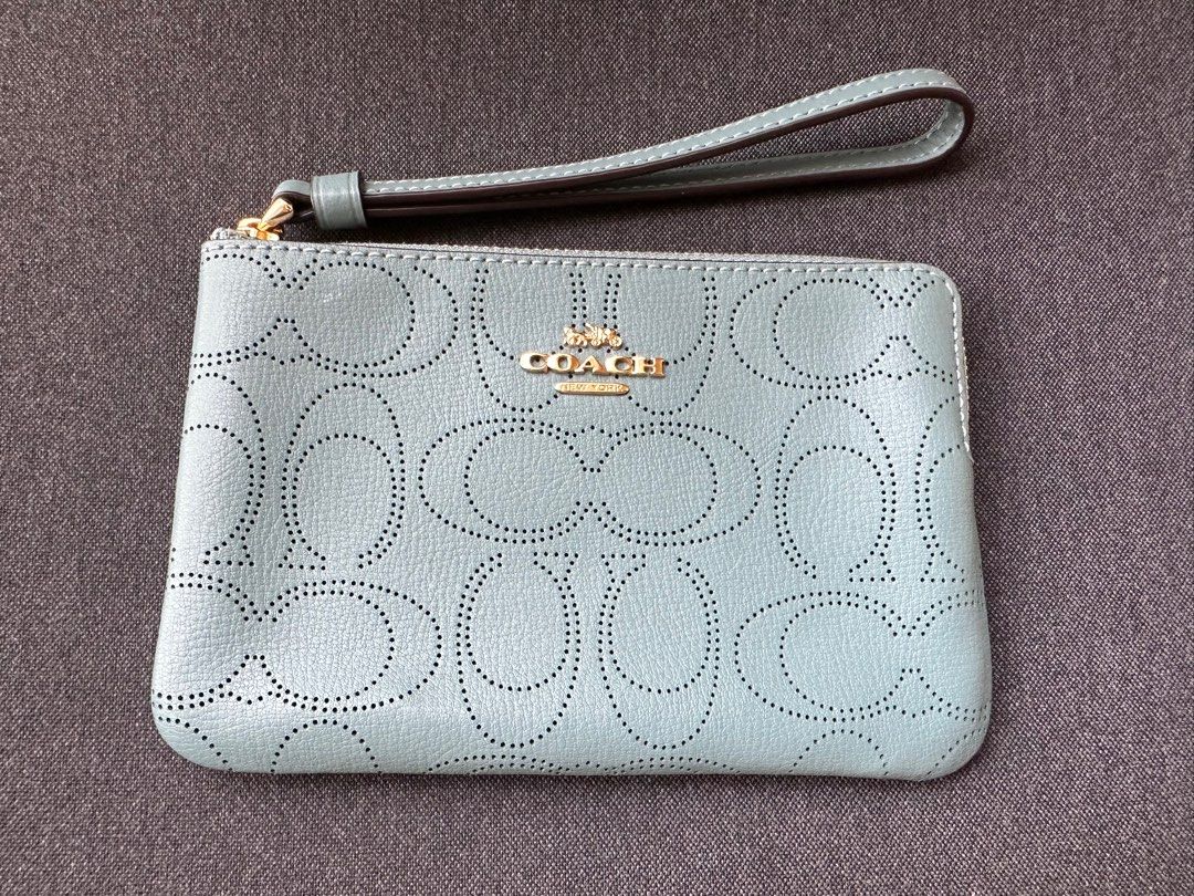 COACH Corner Zip Wristlet Wallet in Signature Leather Light blue