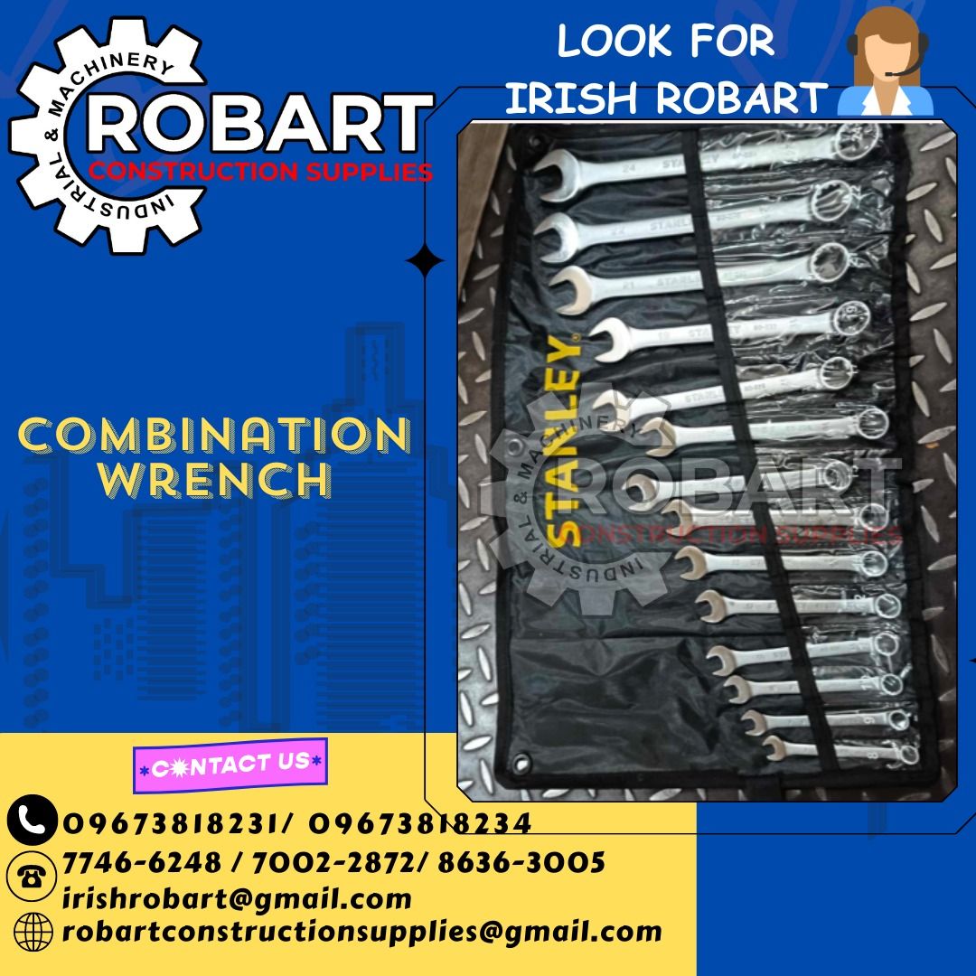 Combination wrench (Category: Construction Tools & Equipment) located in Manila. Submitted by irishrobart_22 (Listing ID 1293070664, Image 1). Description: Combination wrench brand: Stanley size: 8-24mm SEND US MESSAGE FOR INQUIRIES ‼️‼️ LOOK FOR IRISH ROBART VBR : 0 9 6 7 3 8 1 8 2 3 1/ 0 9 6 7 3 8 1 8 2 3 4 LANDLINE 8-6 3 6 3 0 0 5 / 7 7 4 6 -6 2 4 / 7 0 0 2-2 8 7 2 GMAIL: I R I S H R O B A R T @ G M A I L . C O M Office Address: 1405 Yuseco St