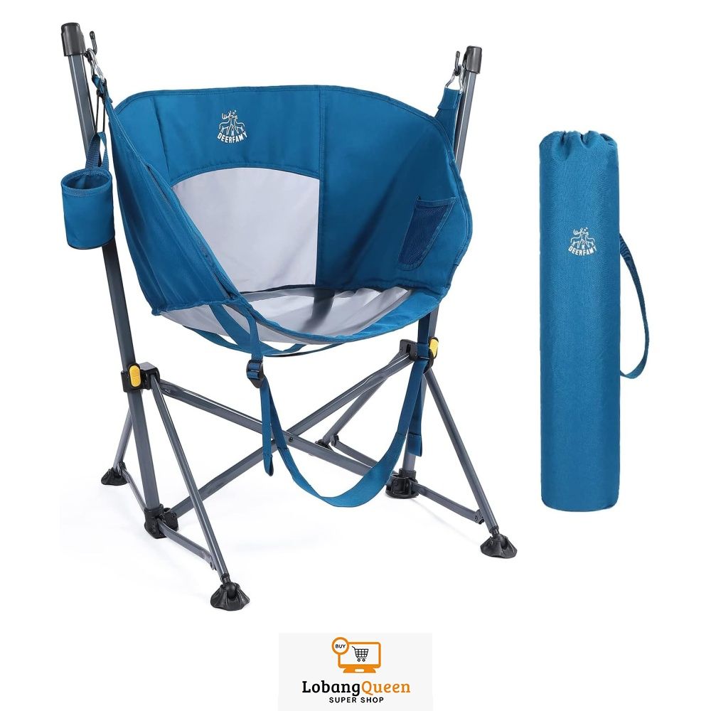 DEERFAMY Camping Swinging Chair Breathable Folding Hammock Chair with Stand Portable Rocking Chair Hold up to 350 lbs Oversize Swing Chair for Outside Car Camp Lawn Backyard Outdoor Dark Blue Sports E...