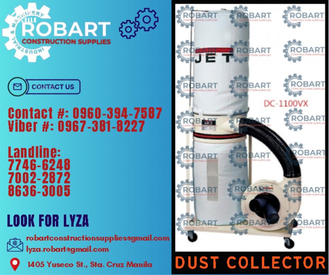 Dust Collector (Category: Construction Tools & Equipment) located in Manila. Submitted by lyzarobart1999 (Listing ID 1293060485, Image 1). Description: Dust Collector Model: DC-1100VX 708657 + 708636F 30 Microns Air Flow @4" 1100cfm Collection bag 30"Lgth Collection bag 20" dia. Impeller dia. 11" Impeller material: Steel Motor: 1.5HP x 220V x 1Ph 𝐒𝐄𝐍𝐃 𝐔𝐒 𝐌𝐄𝐒𝐒𝐀𝐆𝐄 𝐅𝐎𝐑 𝐈𝐍𝐐𝐔𝐈𝐑𝐈𝐄𝐒 ‼️ 0 9 6 7 3 8 1 8 2 2 7 0 9 6 0 3 9 4 7 5 8 7