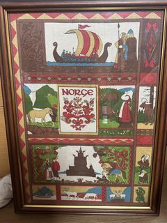 Framed Norwegian Cloth Panel/medieval style Tapestry/Memorabilia from Norway
