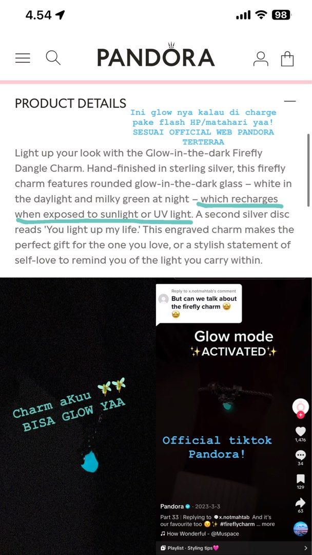 GLOW IN THE DARK Preloved Pandora Charm Firefly Glow Dangle