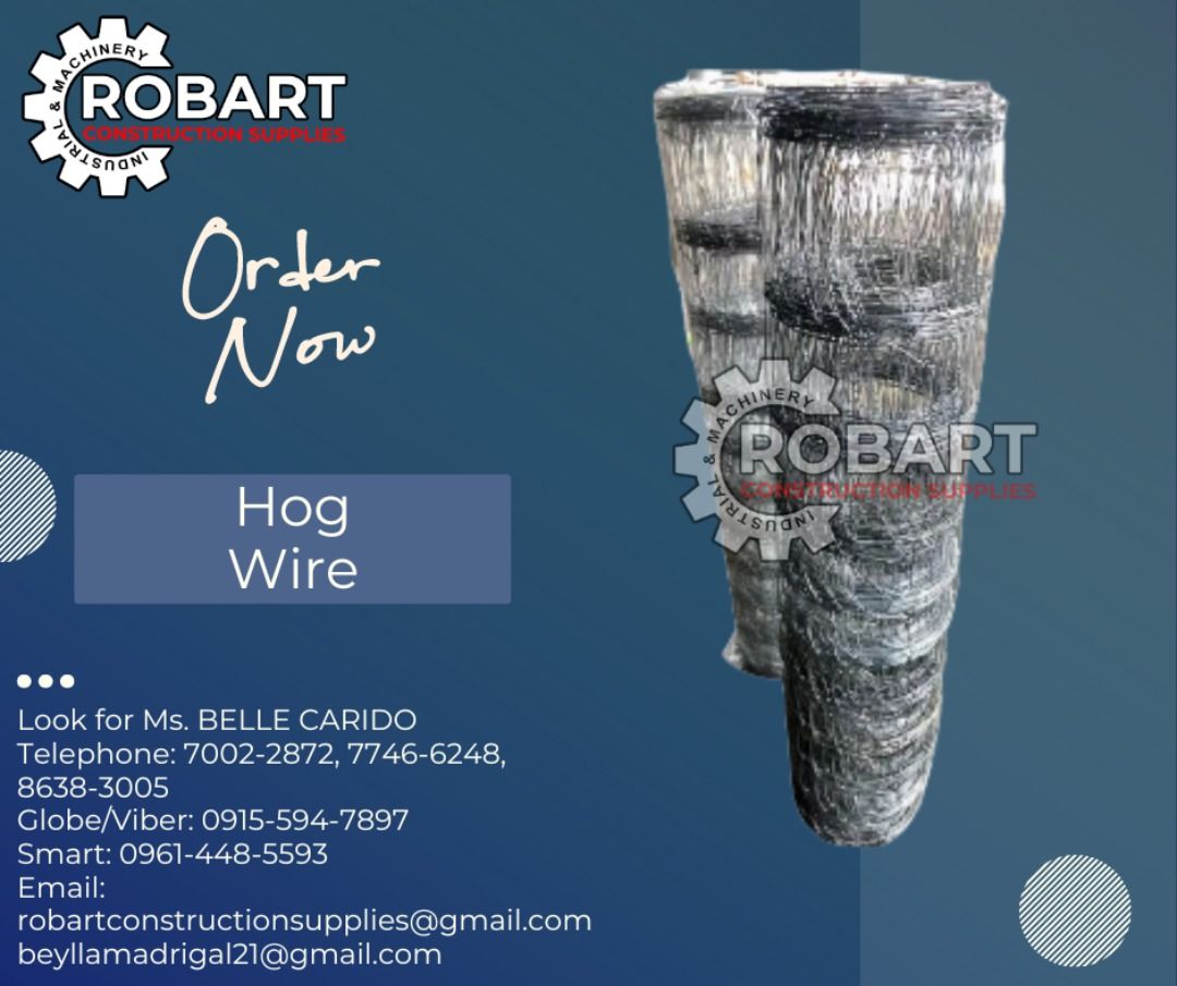 Hog Wire (Category: Construction Tools & Equipment) located in Manila. Submitted by bellarobart (Listing ID 1292991994, Image 1). Description: Hogwire #15 x 40 yards Size: 32" x 7Holes php1,265 Size: 39" x 8Holes php1,340 Size: 47" x 9Holes php1,410 Size: 55-1/2" x 10Holes php1,625 𝑹𝑶𝑩𝑨𝑹𝑻 𝑪𝑶𝑵𝑺𝑻𝑹𝑼𝑪𝑻𝑰𝑶𝑵 𝑺𝑼𝑷𝑷𝑳𝑰𝑬𝑺 #RobartConstructionSupplies #robartph #constructionmaterials #industrialsupply Office Address: 1405 Yuseco St. S