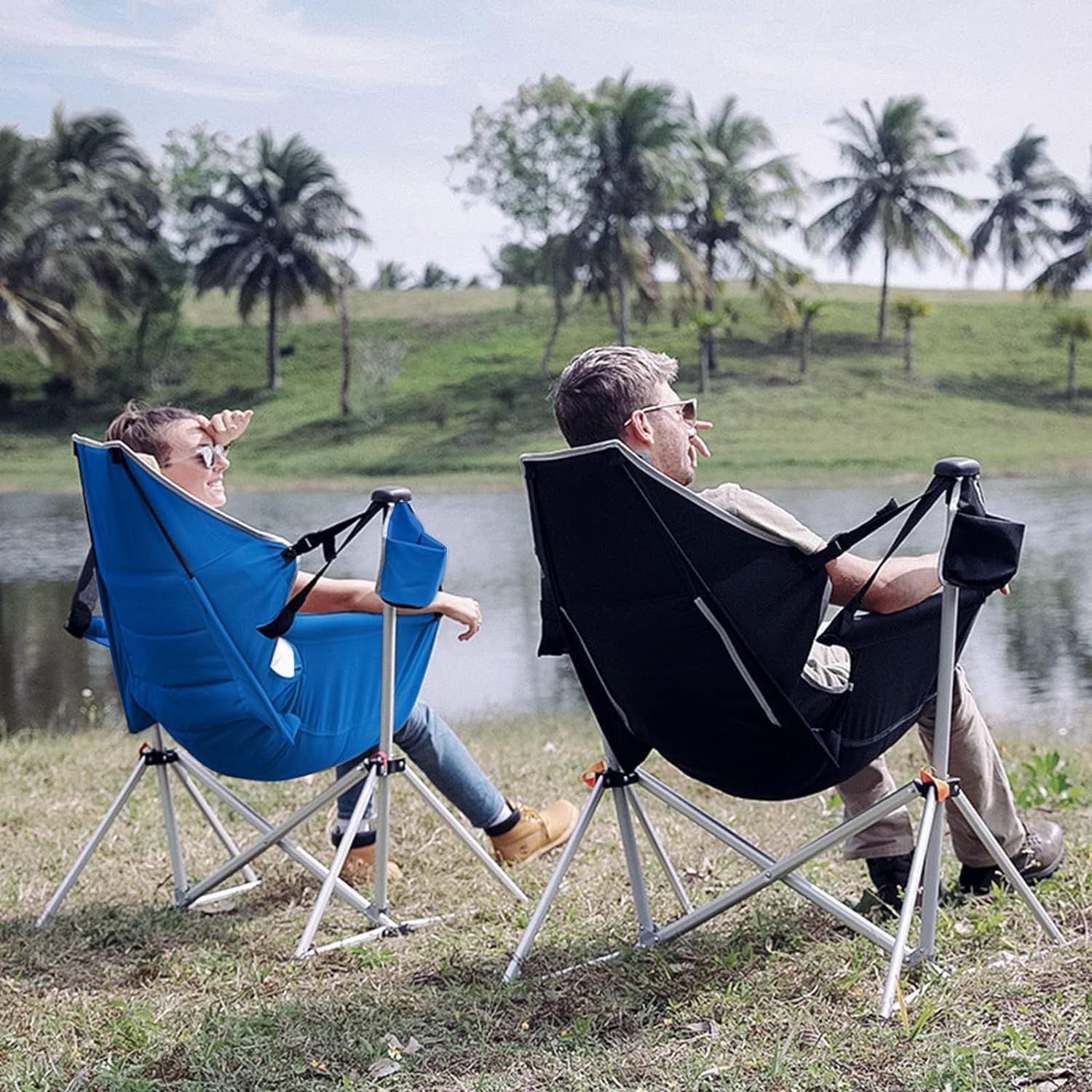 KingCamp Hammock Camping Chair Swinging Rocking Chair for Adults Lawn Beach Camp Outside Portable Folding Chair Hold Up to 300lbs with Adjustable Back Support Carrying Bag Cup Holder Black Grey Sports...