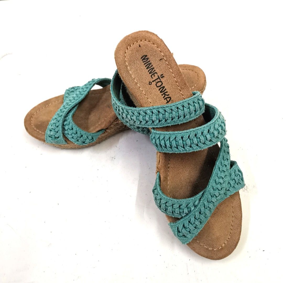 MINNETONKA HALEY WOMEN S Aqua Turquoise Leather Wedge Sandals