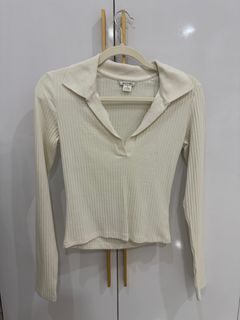 Monki Ribbed Collared Long Sleeve Top